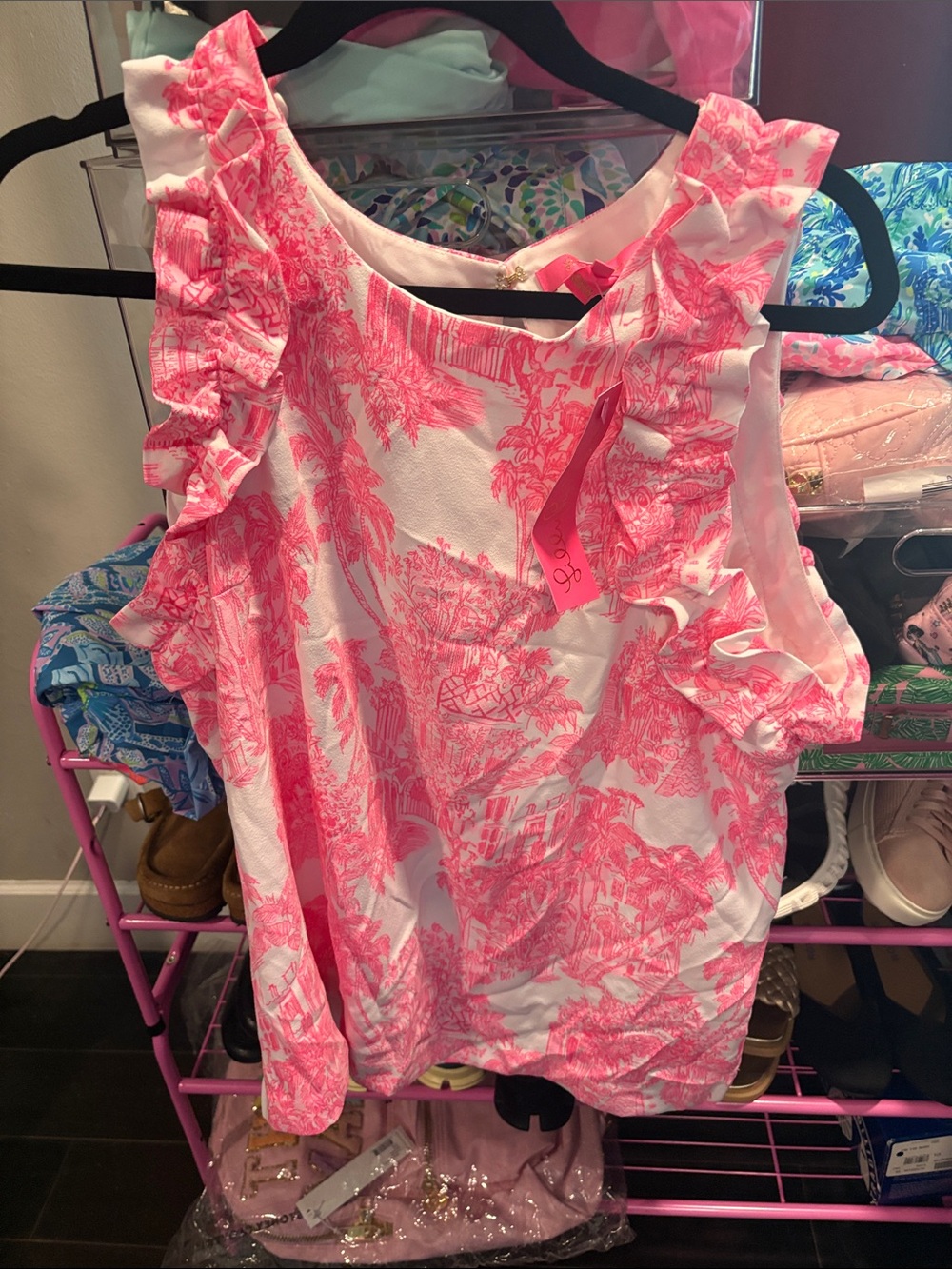Lilly Pulitzer Kailee Ruffle Top PB Anniversary Toile L NWT $108